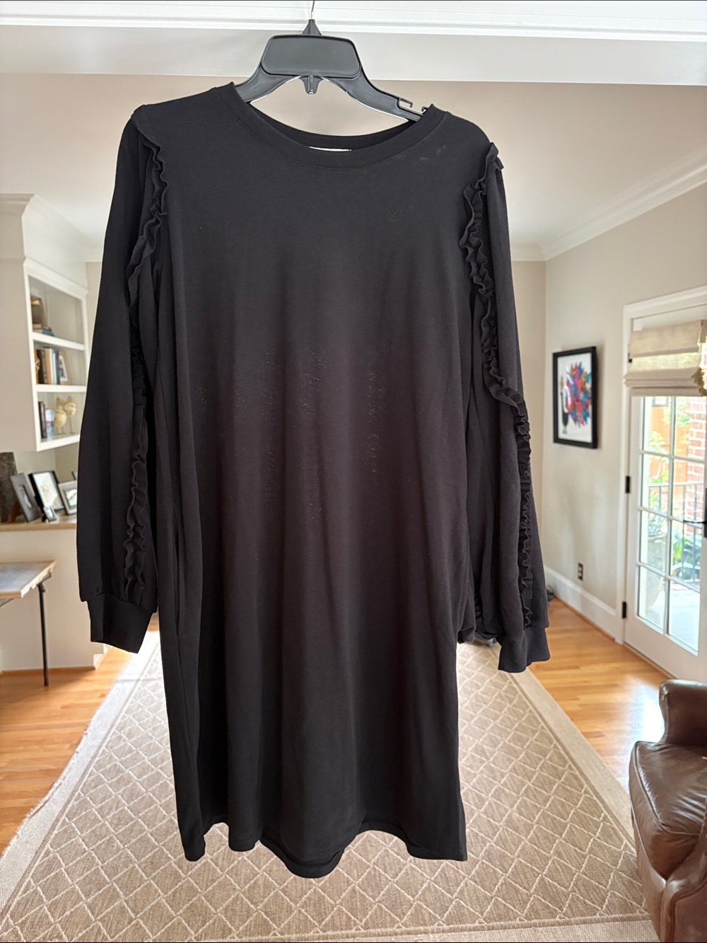 Black Ruffle-Trim Long Sleeve Dress with Pockets